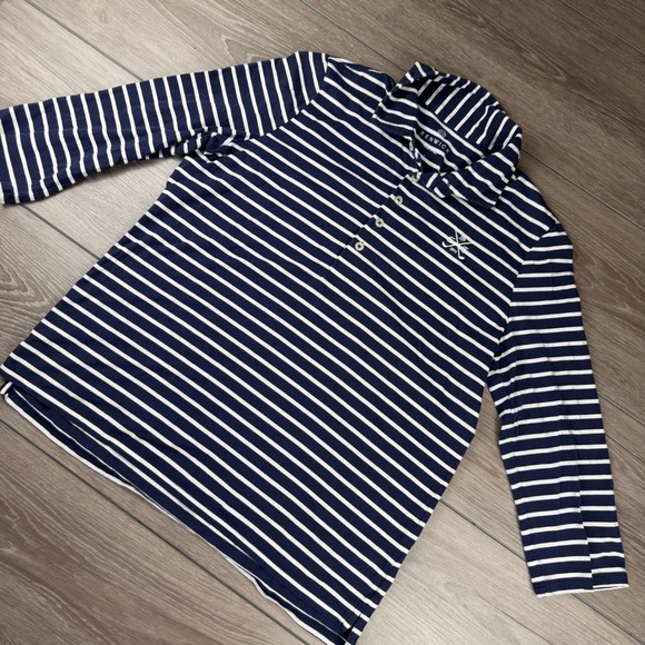 Renwick Tops - Renwick Womens Polo Shirt Striped Pima Cotton Spandex Navy White L